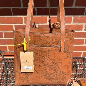 Patricia Nash Brown Leather Tote  Map Design with scarf, dust bag and wristlet